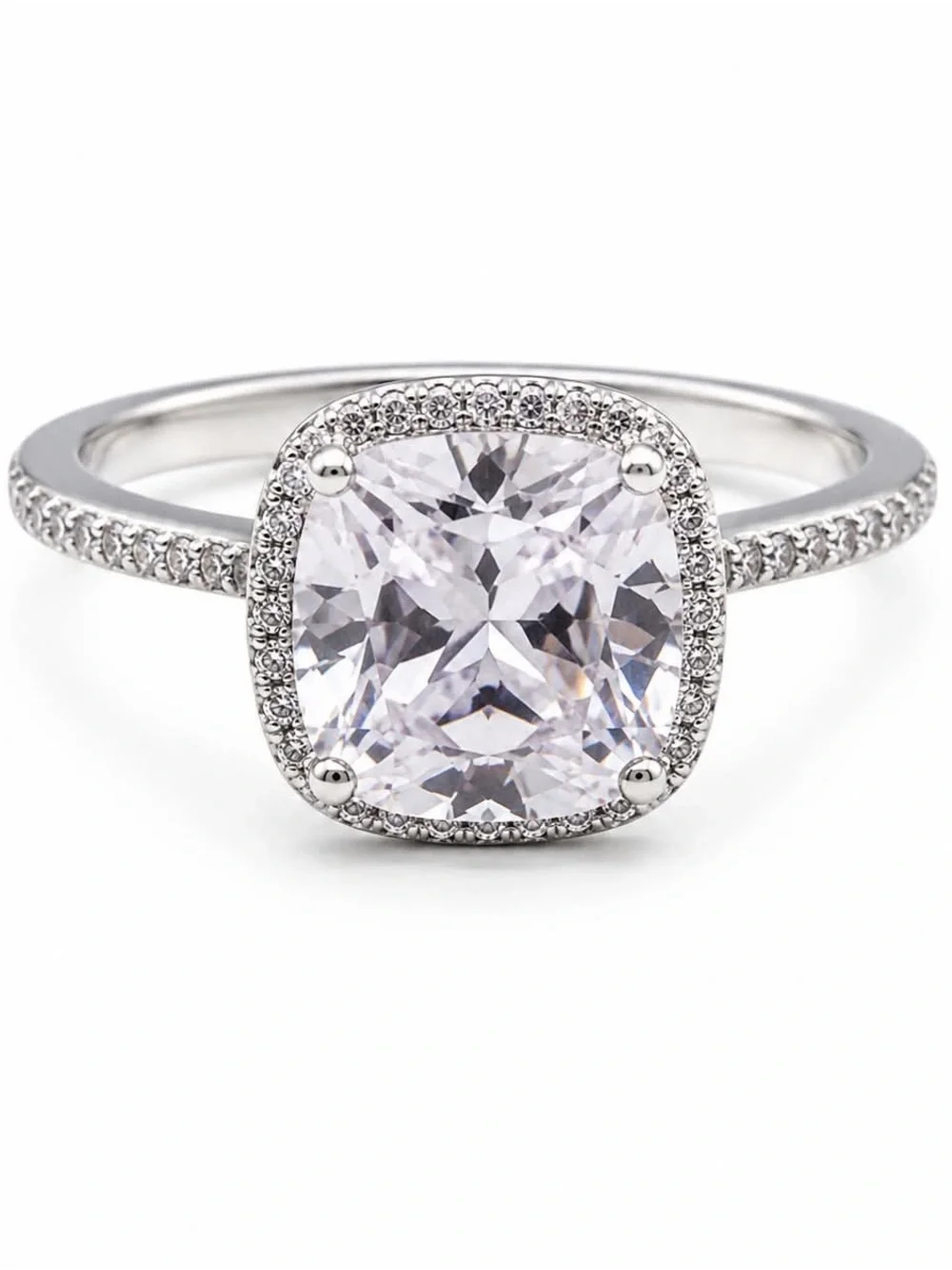 Cushion Halo Solitaire Ring in Silver with Clear Center Stone